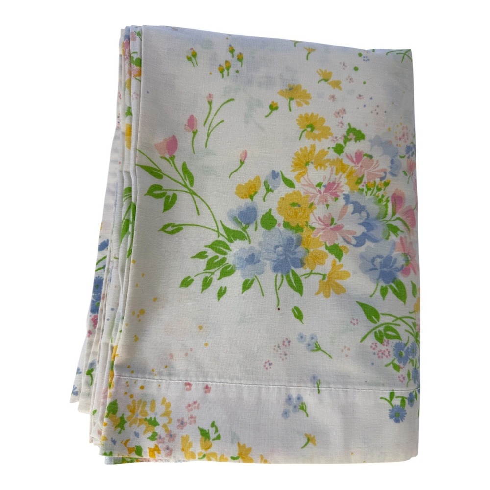 Vintage Cannon Monticello Full Flat Sheet Floral Wildflower Blue Pink Yellow 70s